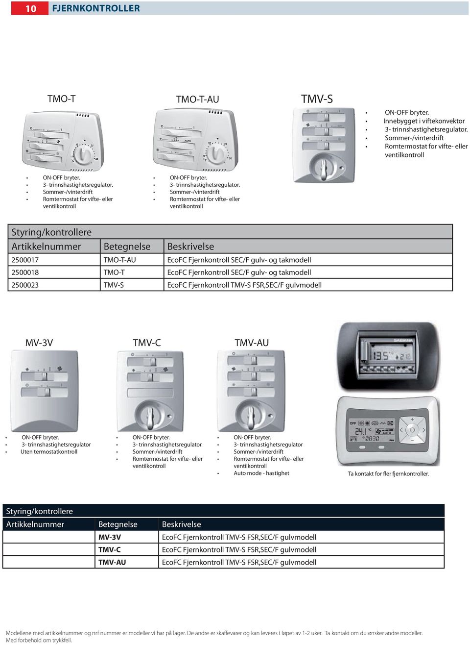 Sommer-/vinterdrift Romtermostat for vifte- eller ventilkontroll Styring/kontrollere Artikkelnummer Betegnelse Beskrivelse 2500017 TMO-T-AU EcoFC Fjernkontroll SEC/F gulv- og takmodell 2500018 TMO-T