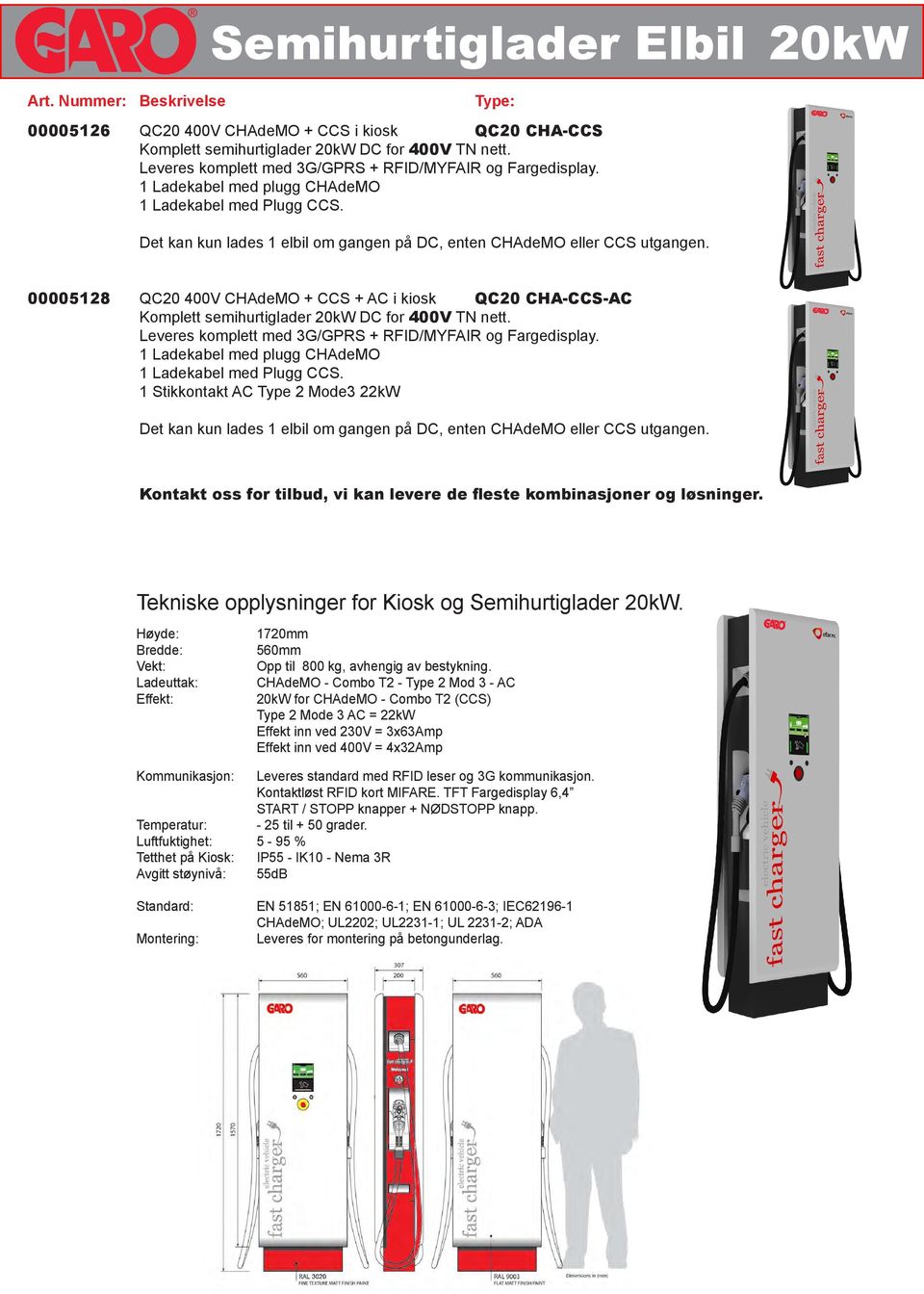 00005128 QC20 400V CHAdeMO + CCS + AC i kiosk QC20 CHA-CCS-AC Komplett semihurtiglader 20kW DC for 400V TN nett. Leveres komplett med 3G/GPRS + RFID/MYFAIR og Fargedisplay.