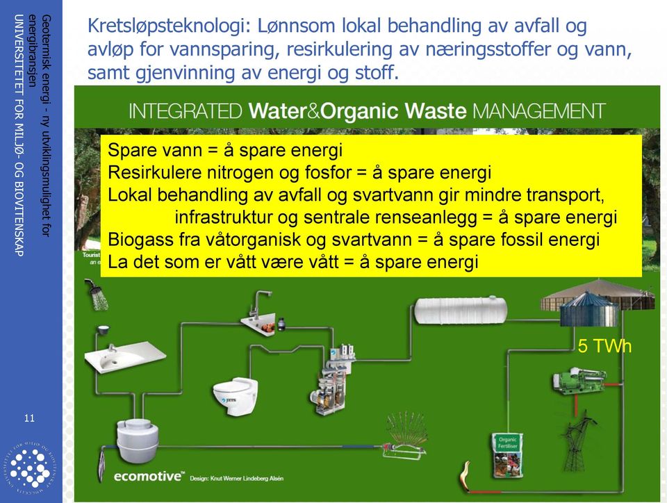Spare vann = å spare energi Resirkulere nitrogen og fosfor = å spare energi Lokal behandling av avfall og svartvann gir mindre