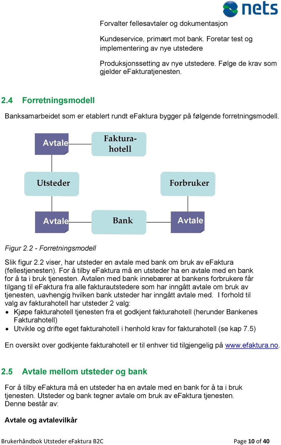 Avtale Fakturahotell Utsteder Forbruker Avtale Bank Avtale Figur 2.2 - Forretningsmodell Slik figur 2.2 viser, har utsteder en avtale med bank om bruk av efaktura (fellestjenesten).