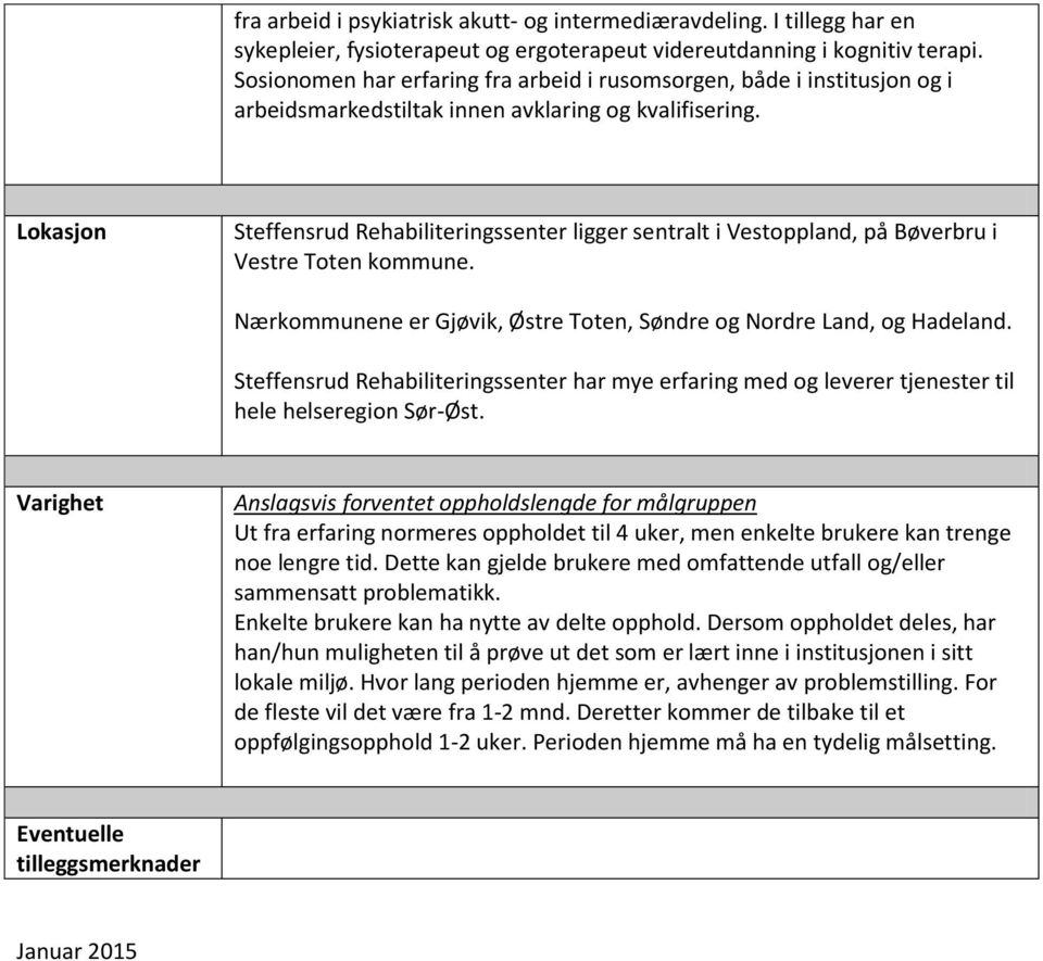 Lokasjon Steffensrud Rehabiliteringssenter ligger sentralt i Vestoppland, på Bøverbru i Vestre Toten kommune. Nærkommunene er Gjøvik, Østre Toten, Søndre og Nordre Land, og Hadeland.