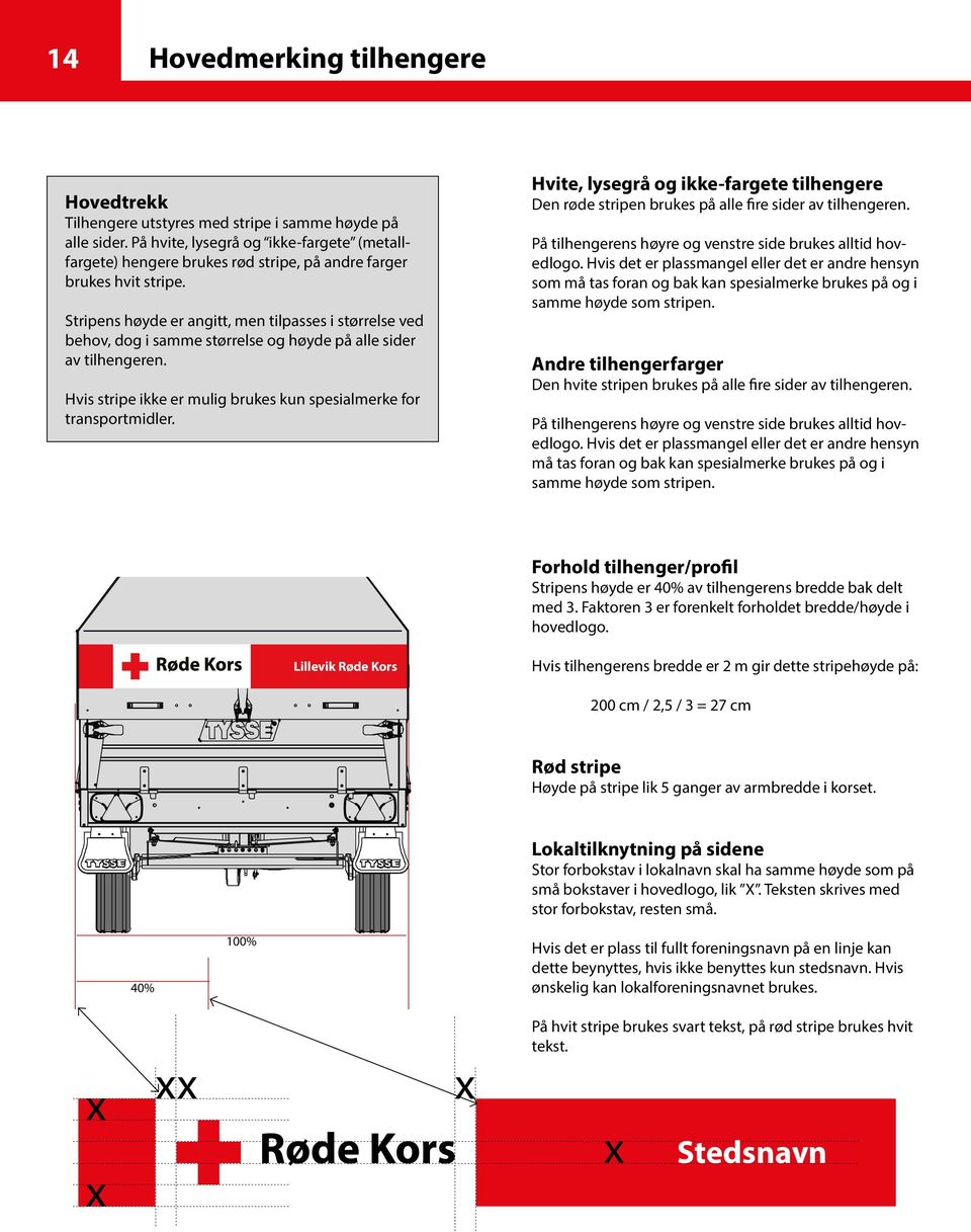Stripens høyde er angitt, men tilpasses i størrelse ved behov, dog i samme størrelse og høyde på alle sider av tilhengeren. Hvis stripe ikke er mulig brukes kun spesialmerke for transportmidler.
