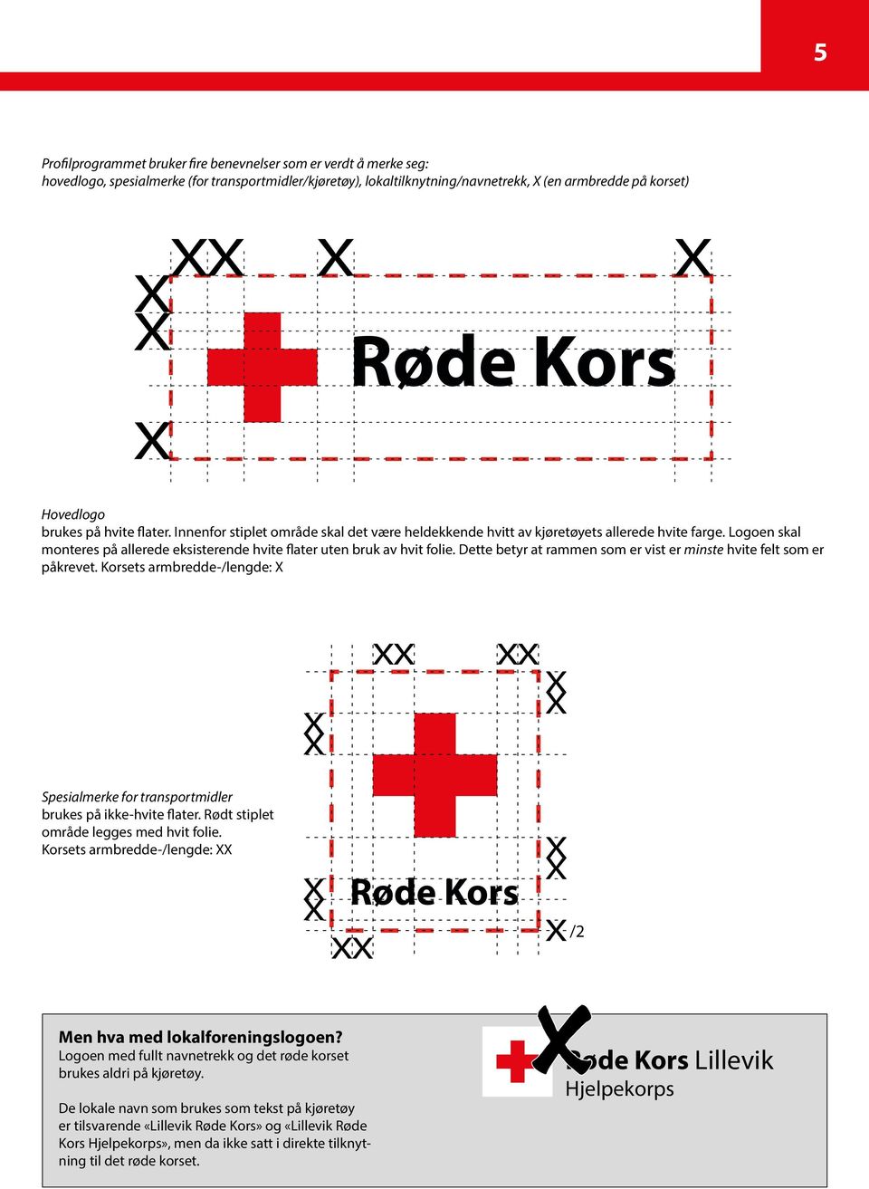 Dette betyr at rammen som er vist er minste hvite felt som er påkrevet. Korsets armbredde-/lengde: X Spesialmerke for transportmidler brukes på ikke-hvite flater.