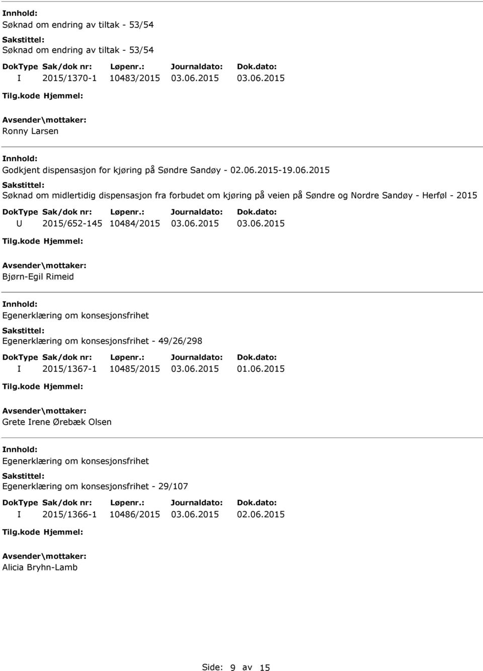 2015 Søknad om midlertidig dispensasjon fra forbudet om kjøring på veien på Søndre og Nordre Sandøy - Herføl - 2015 2015/652-145 10484/2015