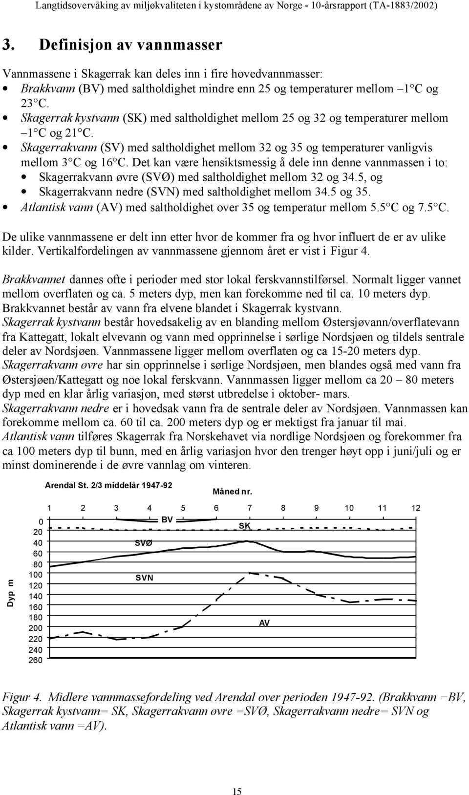 Skagerrak kystvann (SK) med saltholdighet mellom 25 og 32 og temperaturer mellom 1 C og 21 C. Skagerrakvann (SV) med saltholdighet mellom 32 og 35 og temperaturer vanligvis mellom 3 C og 16 C.