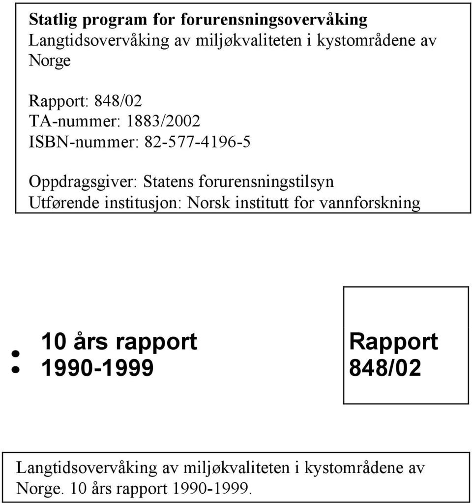 forurensningstilsyn Utførende institusjon: Norsk institutt for vannforskning : 1 års rapport