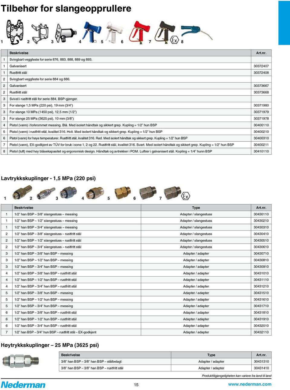 3 For slange 1,5 MPa (220 psi), 19 mm (3/4 ) 30371980 3 For slange 10 MPa (1450 psi), 12,5 mm (1/2 ) 30371979 3 For slange 25 MPa (3625 psi), 10 mm (3/8 ) 30371978 4 Pistol (vann) i forkrommet