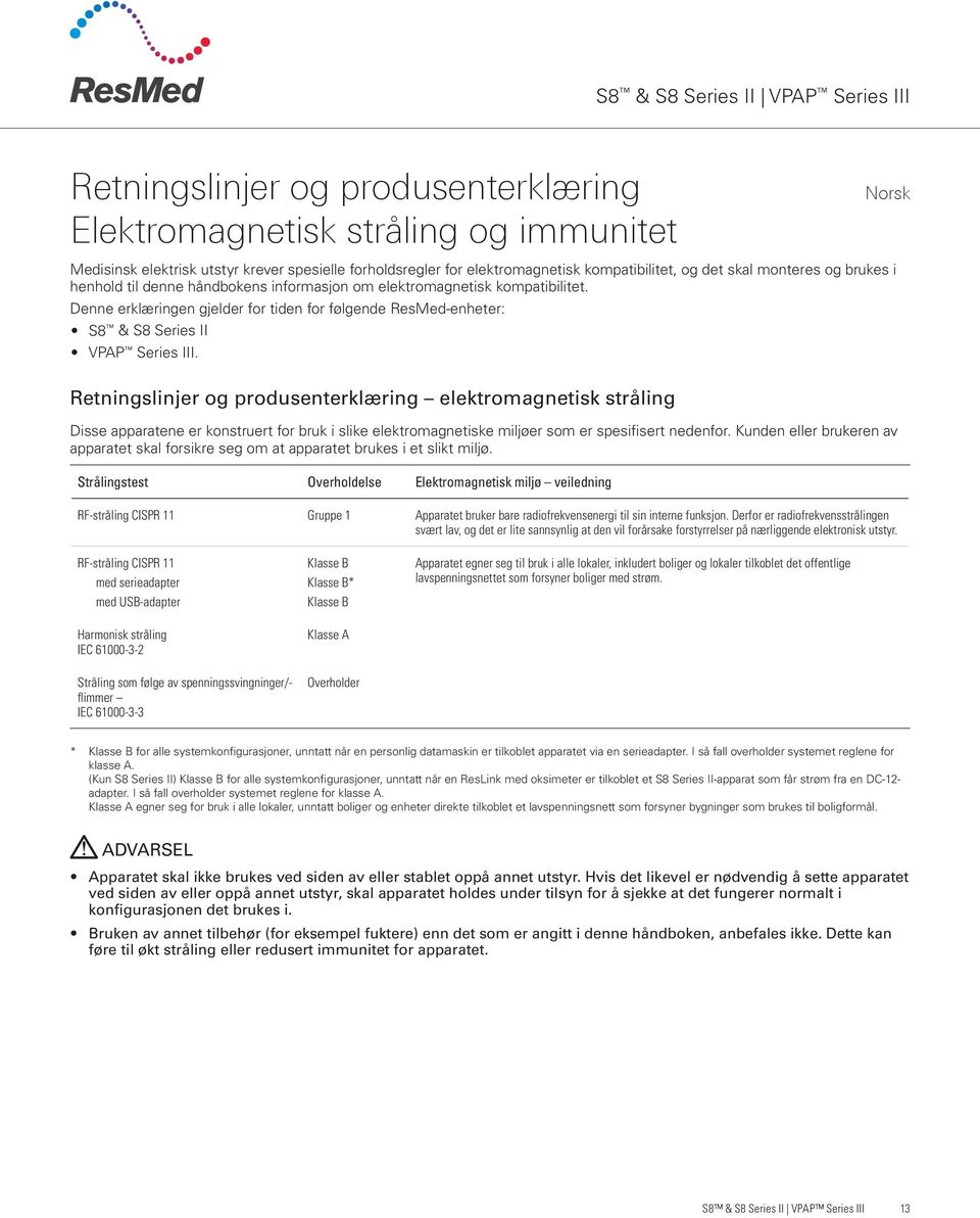 Denne erklæringen gjelder for tiden for følgende ResMed-enheter: S8 & S8 Series II VPAP Series III.