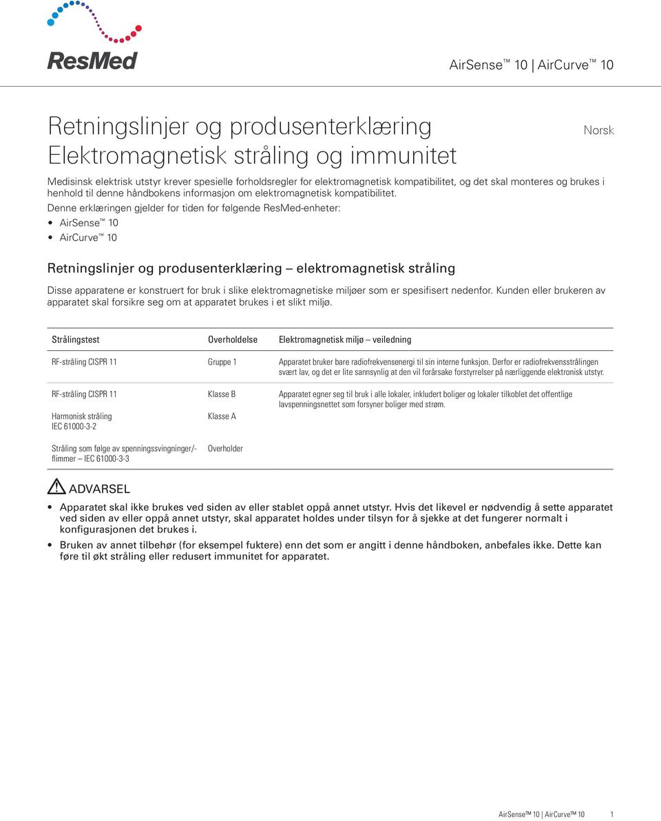 Denne erklæringen gjelder for tiden for følgende ResMed-enheter: AirSense 10 AirCurve 10 Retningslinjer og produsenterklæring elektromagnetisk stråling Disse apparatene er konstruert for bruk i slike