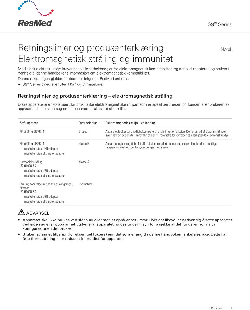 Denne erklæringen gjelder for tiden for følgende ResMed-enheter: S9 Series (med eller uten H5i og ClimateLine).