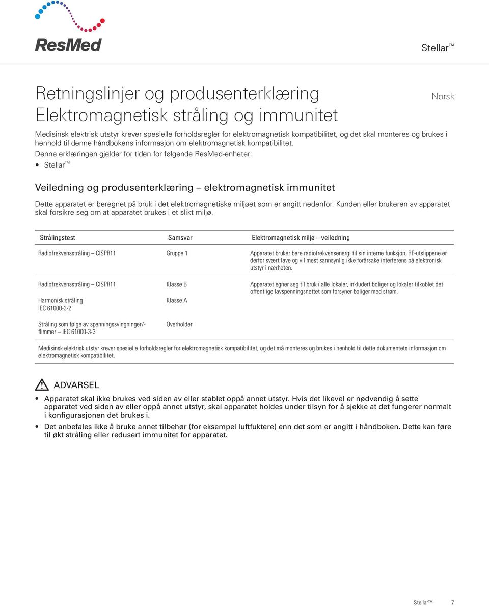 Denne erklæringen gjelder for tiden for følgende ResMed-enheter: Stellar TM Veiledning og produsenterklæring elektromagnetisk immunitet Dette apparatet er beregnet på bruk i det elektromagnetiske