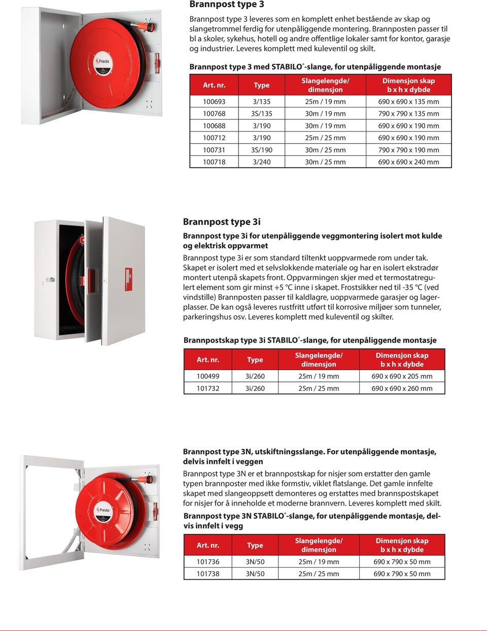 Brannpost type 3 med STABILO -slange, for utenpåliggende montasje b x h x dybde 100693 3/135 25m / 19 mm 690 x 690 x 135 mm 100768 3S/135 30m / 19 mm 790 x 790 x 135 mm 100688 3/190 30m / 19 mm 690 x