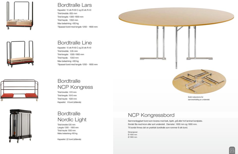 Total bredde: 910 mm Total lengde: 1910 mm Total høyde: 1020 mm Kapasitet: 8 bord (stående) Solid mekanisme for sammenfolding av understell.