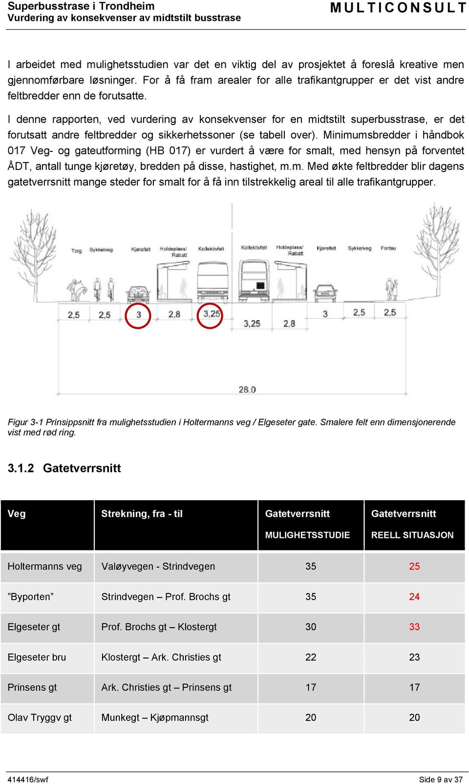 I denne rapporten, ved vurdering av konsekvenser for en midtstilt superbusstrase, er det forutsatt andre feltbredder og sikkerhetssoner (se tabell over).