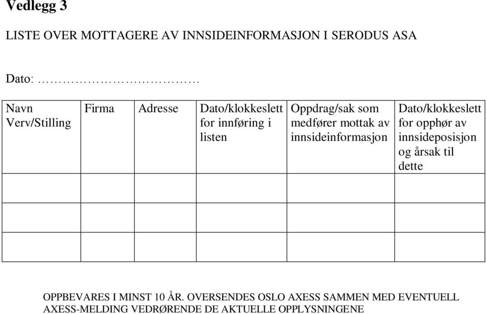 innsideinformasjon Dato/klokkeslett for opphør av innsideposisjon og årsak til dette OPPBEVARES