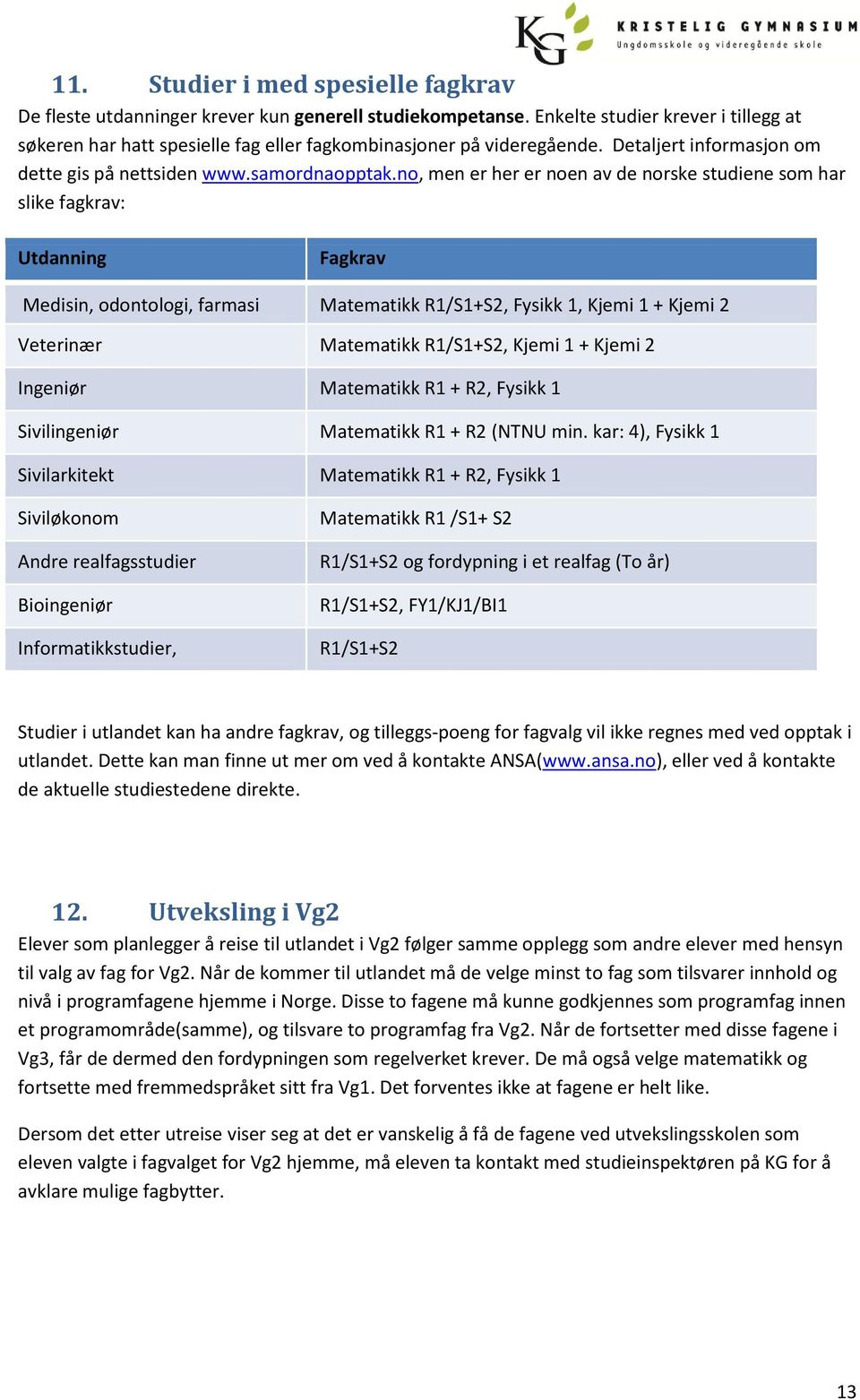 no, men er her er noen av de norske studiene som har slike fagkrav: Utdanning Fagkrav Medisin, odontologi, farmasi Matematikk R1/S1+S2, Fysikk 1, Kjemi 1 + Kjemi 2 (prof.
