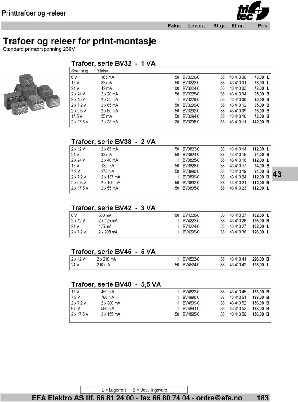 BV3299-0 38 43 410 12 95,00 B 2 x 9,5 V 2 x 50 ma 50 BV3292-0 38 43 410 09 95,00 B 17,5 V 55 ma 50 BV3294-0 38 43 410 10 73,00 B 2 x 17,5 V 2 x 28 ma 20 BV3295-0 38 43 410 11 142,00 B Trafoer, serie