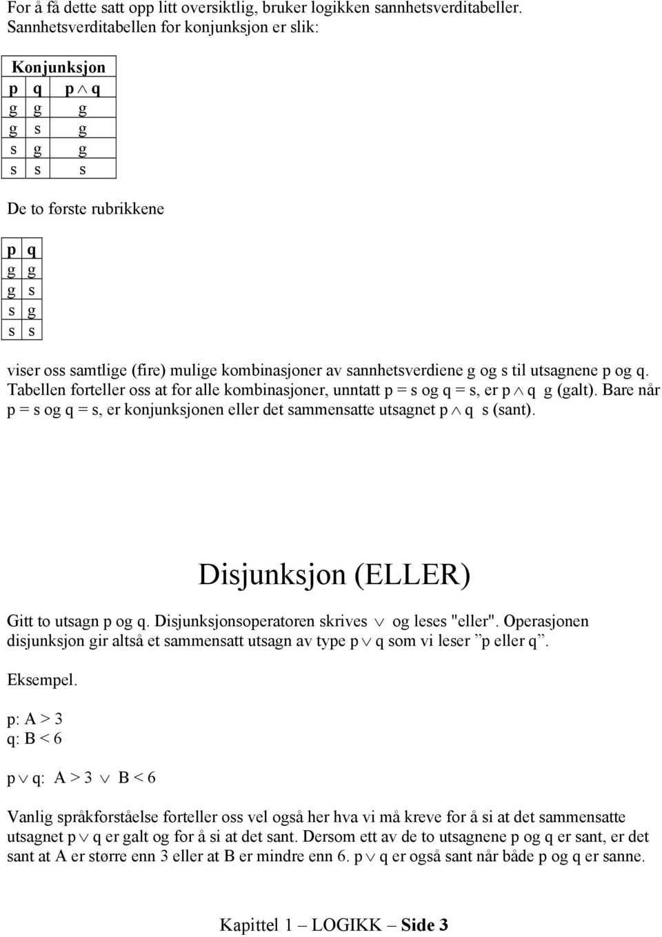 sannhetsverdiene g og s til utsagnene p og q. Tabellen forteller oss at for alle kombinasjoner, unntatt p = s og q = s, er p q g (galt).