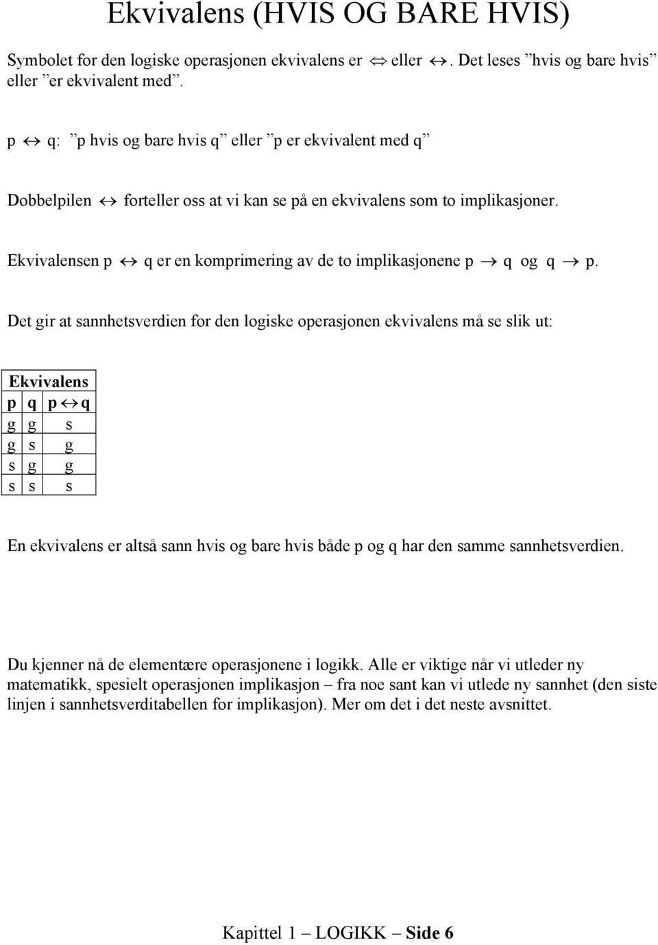 Ekvivalensen p q er en komprimering av de to implikasjonene p q og q p.