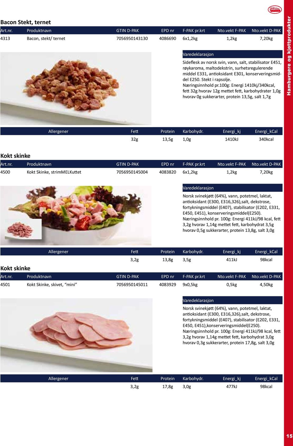 100g: Energi 1410kj/340kcal, fett 32g hvorav 12g mettet fett, karbohydrater 1,0g hvorav 0g sukkerarter, protein 13,5g, salt 1,7g Hamburgere og kjøttprodukter 32g 13,5g 1,0g 1410kJ 340kcal Kokt skinke