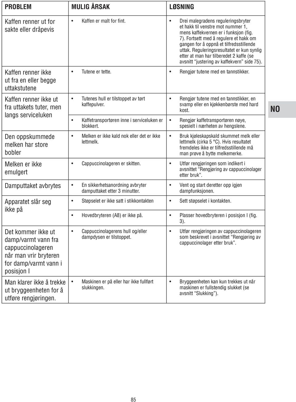 Fortsett med å regulere et hakk om gangen for å oppnå et tilfredsstillende uttak. Reguleringsresultatet er kun synlig etter at man har tilberedet 2 kaffe (se avsnitt justering av kaffekvern side 75).