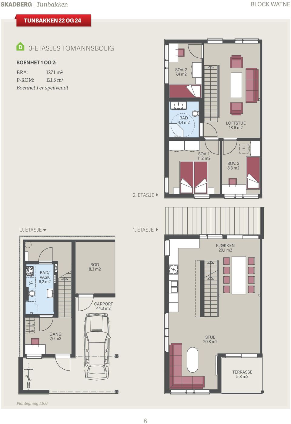 2 7,4 m2 BAD 4,4 m2 LOFTSTUE 18,6 m2 SOV. 1 11,2 m2 SOV. 3 8,3 m2 2. ETASJE U. ETASJE 1.