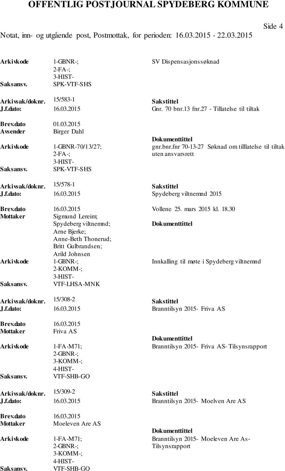 30 Mottaker Sigmund Lereim; Spydeberg viltnemnd; Arne Bjerke; Anne-Beth Thonerud; Britt Gulbrandsen; Arild Johnsen 1-GBNR-; Innkalling til møte i Spydeberg viltnemnd 2-KOMM-; VTF-LHSA-MNK