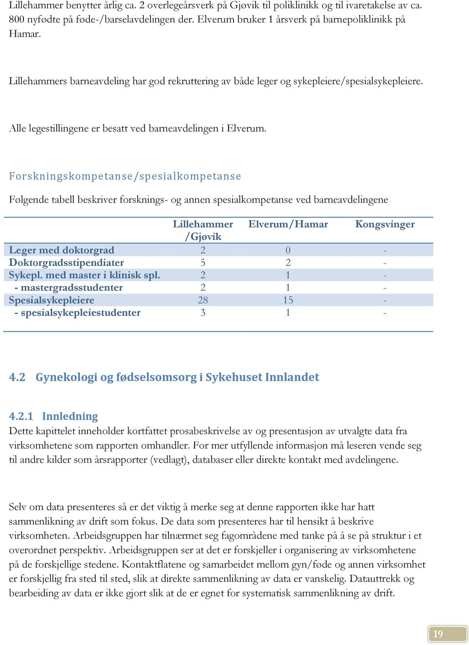 Forskningskompetanse/spesialkompetanse Følgende tabell beskriver forsknings- og annen spesialkompetanse ved barneavdelingene Lillehammer Elverum/Hamar Kongsvinger /Gjøvik Leger med doktorgrad 2 0 -