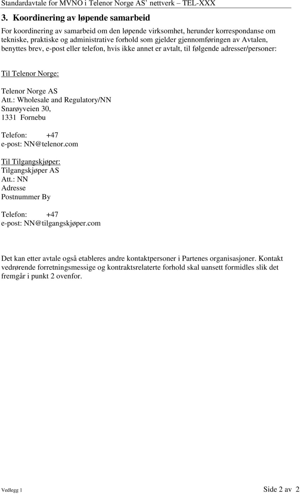 : Wholesale and Regulatory/NN Snarøyveien 30, 1331 Fornebu Telefon: +47 e-post: NN@telenor.com Til Tilgangskjøper: Tilgangskjøper AS Att.