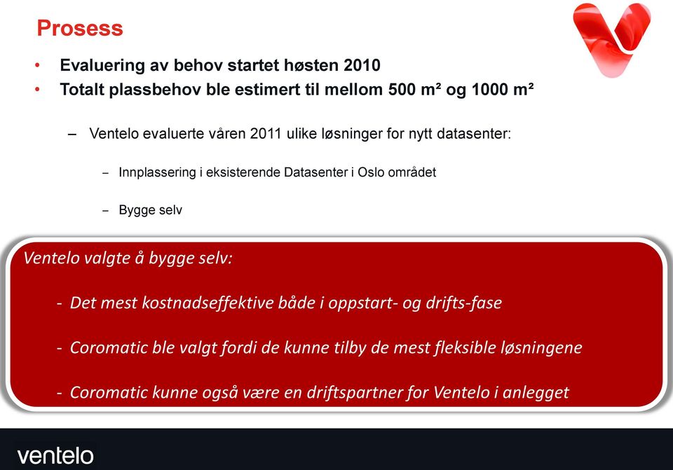 Bygge selv Ventelo valgte å bygge selv: - Det mest kostnadseffektive både i oppstart- og drifts-fase - Coromatic ble