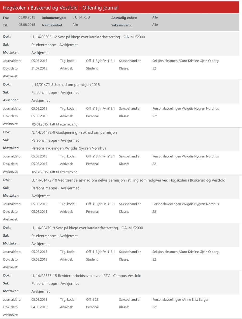 dato: Arkivdel: Personal, Tatt til etterretning, 14/01472-10 Vedrørende søknad om delvis permisjon i stilling som rådgiver ved Høgskolen i Buskerud og Vestfold Personalmappe - Dok.