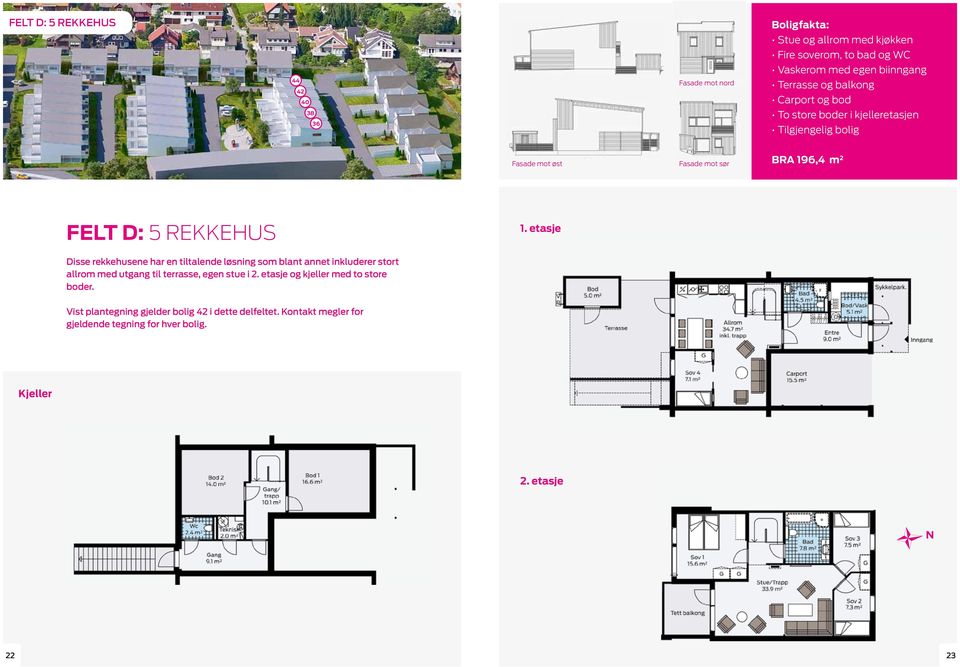 rekkehus 1. etasje Disse rekkehusene har en tiltalende løsning som blant annet inkluderer stort allrom med utgang til terrasse, egen stue i 2.