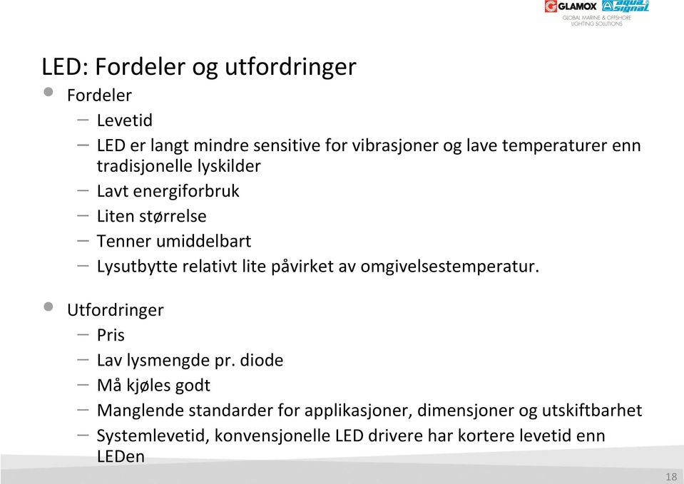 påvirket av omgivelsestemperatur. Utfordringer Pris Lav lysmengde pr.