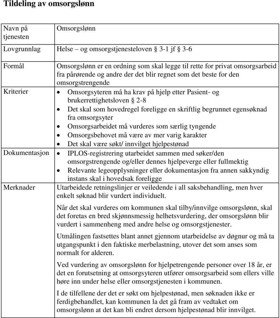 Omsorgsbehovet må være av mer varig karakter Det skal være søkt/ innvilget hjelpestønad Merknader Utarbeidede retningslinjer er veiledende i all saksbehandling, men hver enkelt søknad blir vurdert