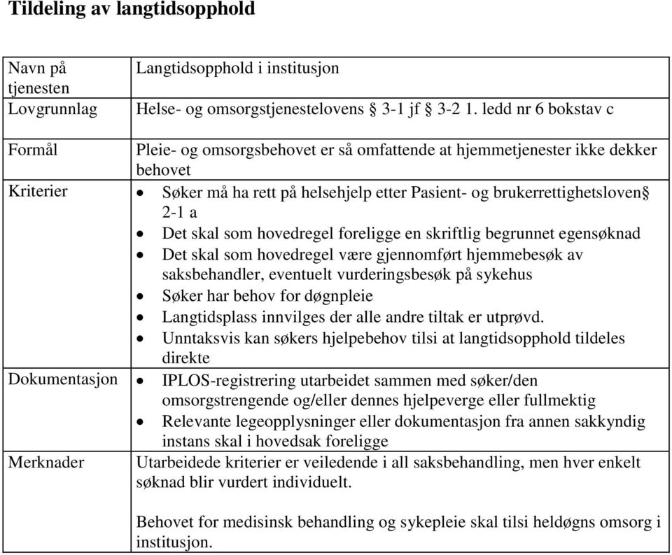 a Det skal som hovedregel være gjennomført hjemmebesøk av saksbehandler, eventuelt vurderingsbesøk på sykehus Søker har behov for døgnpleie Langtidsplass innvilges der alle andre tiltak er