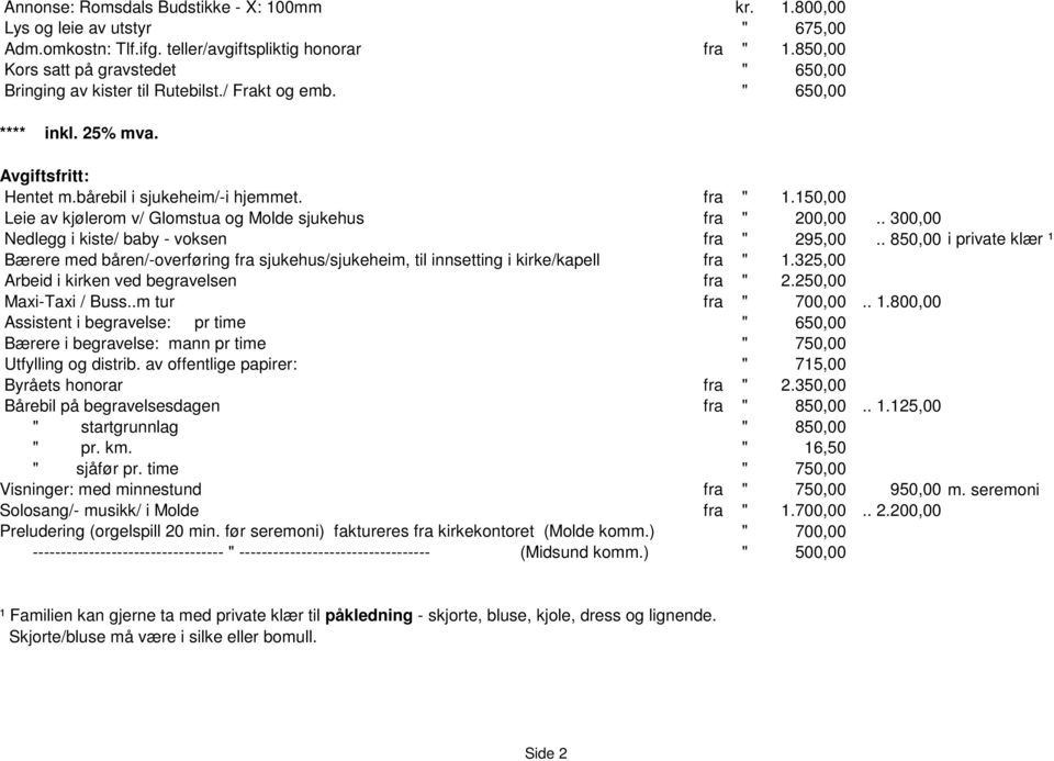 150,00 Leie av kjølerom v/ Glomstua og Molde sjukehus fra " 200,00.. 300,00 Nedlegg i kiste/ baby - voksen fra " 295,00.