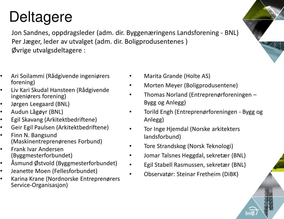 Boligprodusentenes ) Øvrige utvalgsdeltagere : Ari Soilammi (Rådgivende ingeniørers forening) Liv Kari Skudal Hansteen (Rådgivende ingeniørers forening) Jørgen Leegaard (BNL) Audun Lågøyr (BNL) Egil