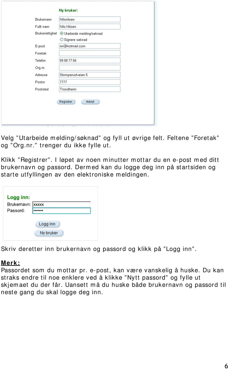 Dermed kan du logge deg inn på startsiden og starte utfyllingen av den elektroniske meldingen.