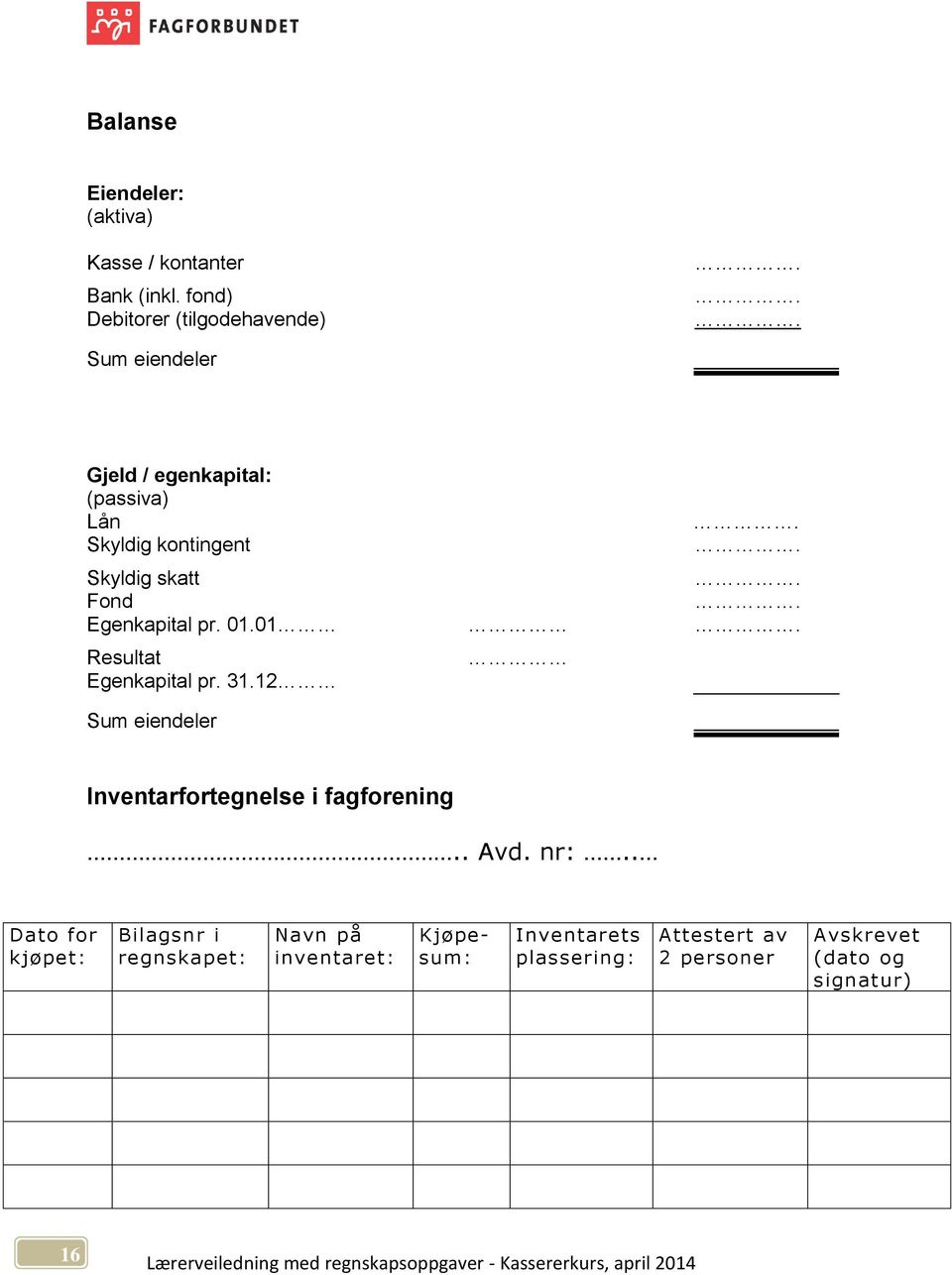 01. Resultat Egenkapital pr. 31.12 Sum eiendeler Inventarfortegnelse i fagforening.. Avd. nr:.