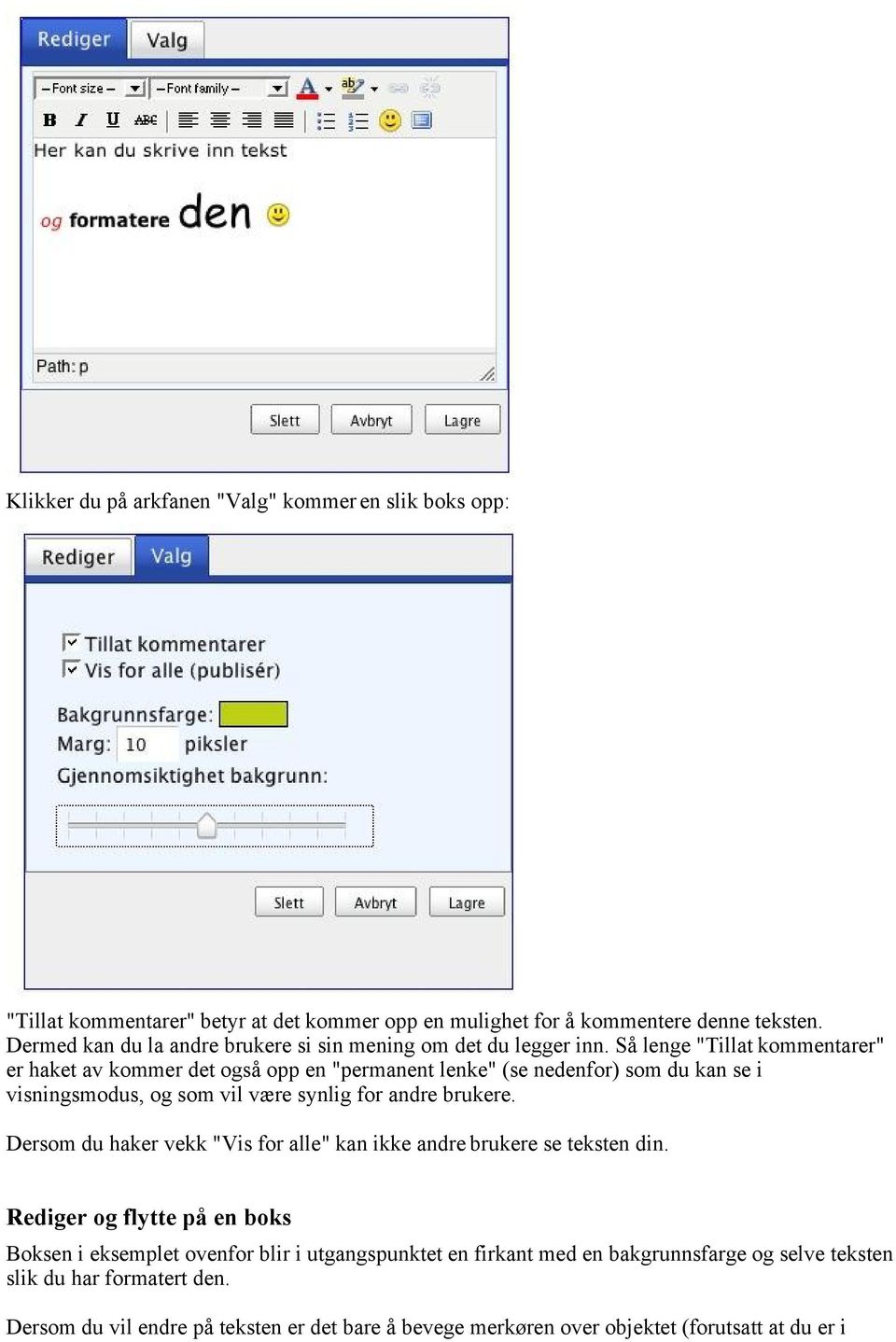 Så lenge "Tillat kommentarer" er haket av kommer det også opp en "permanent lenke" (se nedenfor) som du kan se i visningsmodus, og som vil være synlig for andre brukere.