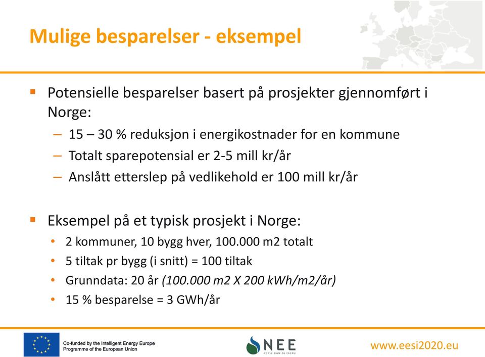 vedlikehold er 100 mill kr/år Eksempel på et typisk prosjekt i Norge: 2 kommuner, 10 bygg hver, 100.