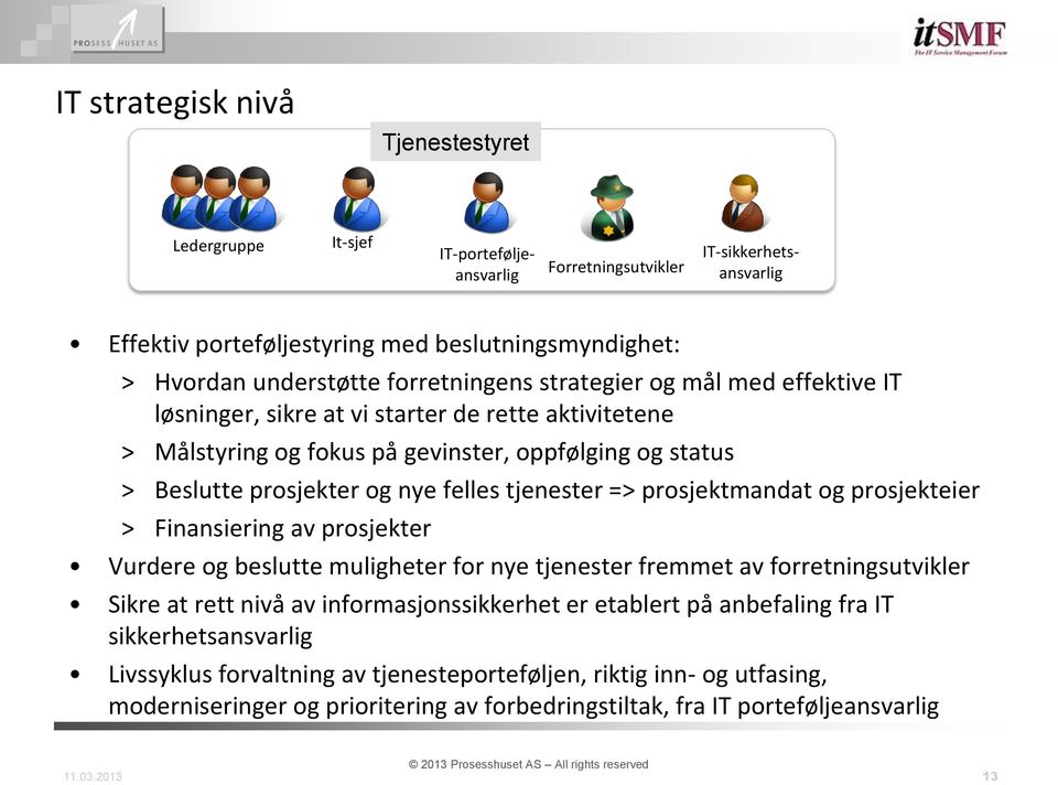 tjenester => prosjektmandat og prosjekteier > Finansiering av prosjekter Vurdere og beslutte muligheter for nye tjenester fremmet av forretningsutvikler Sikre at rett nivå av informasjonssikkerhet