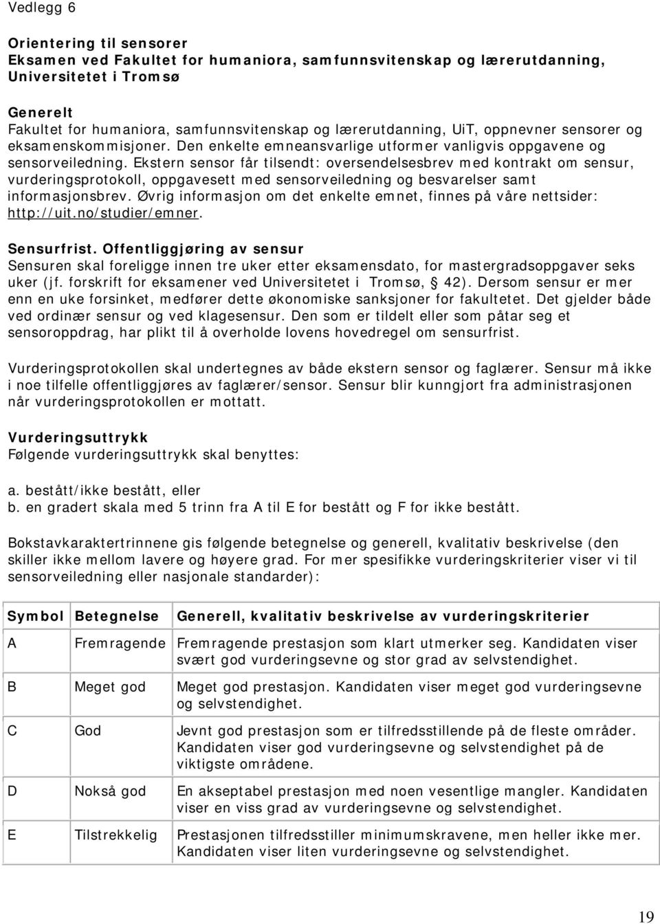 Ekstern sensor får tilsendt: oversendelsesbrev med kontrakt om sensur, vurderingsprotokoll, oppgavesett med sensorveiledning og besvarelser samt informasjonsbrev.