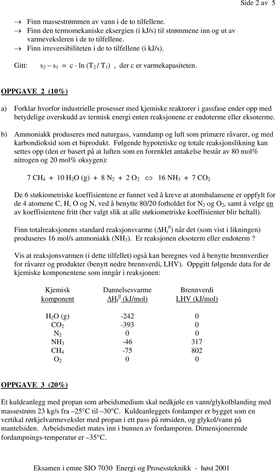 OPPGAVE (10%) a) Forklar hvorfor industrielle prosesser med kjemiske reaktorer i gassfase ender opp med betydelige overskudd av termisk energi enten reaksjonene er endoterme eller eksoterme.