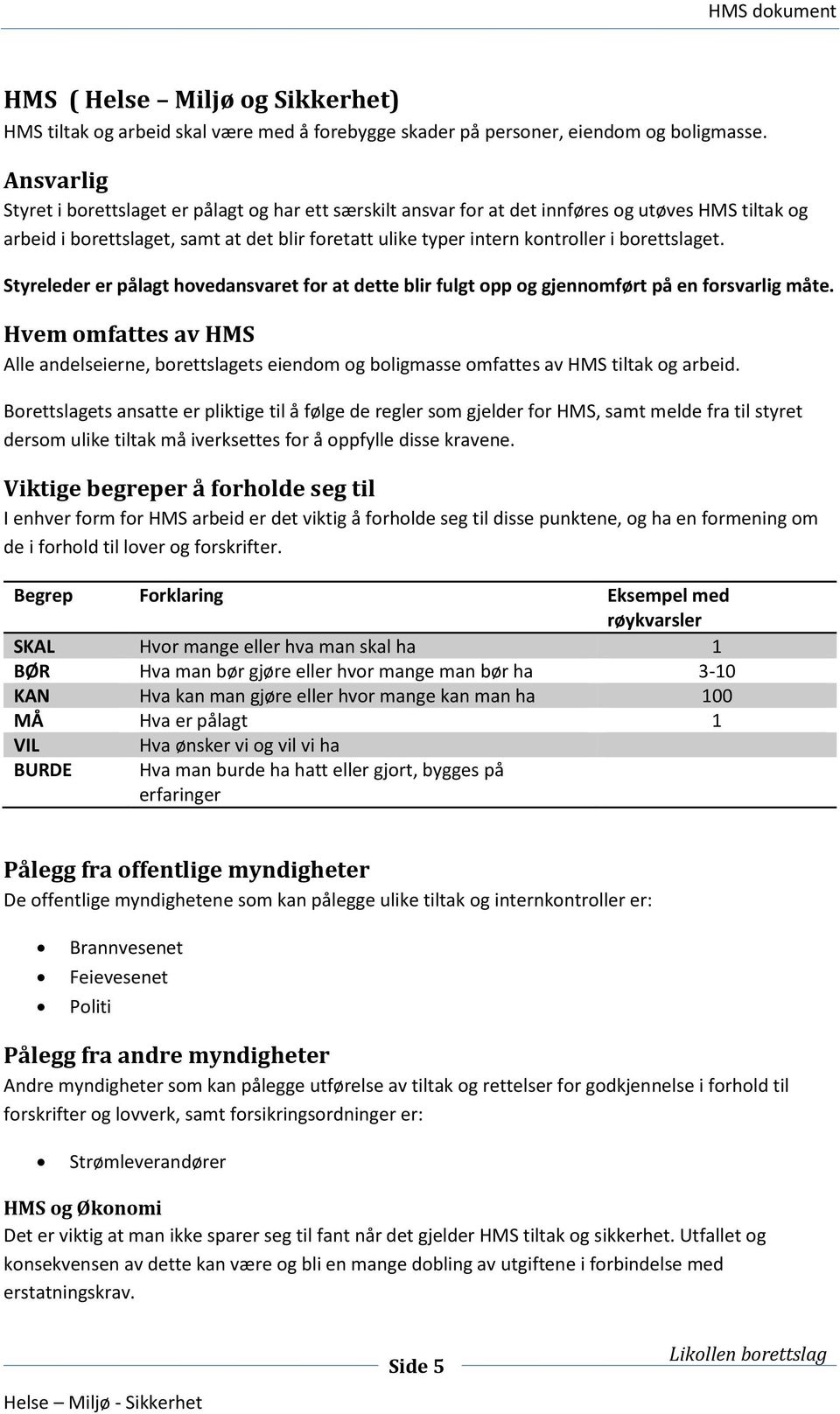 borettslaget. Styreleder er pålagt hovedansvaret for at dette blir fulgt opp og gjennomført på en forsvarlig måte.