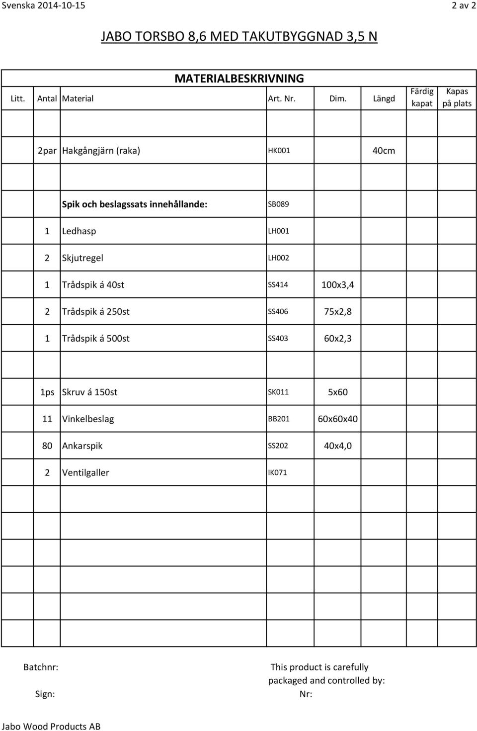 LH002 1 Trådspik á 40st SS414 100x3,4 2 Trådspik á 250st SS406 75x2,8 1 Trådspik á 500st SS403 60x2,3 1ps Skruv á 150st SK011 5x60 11