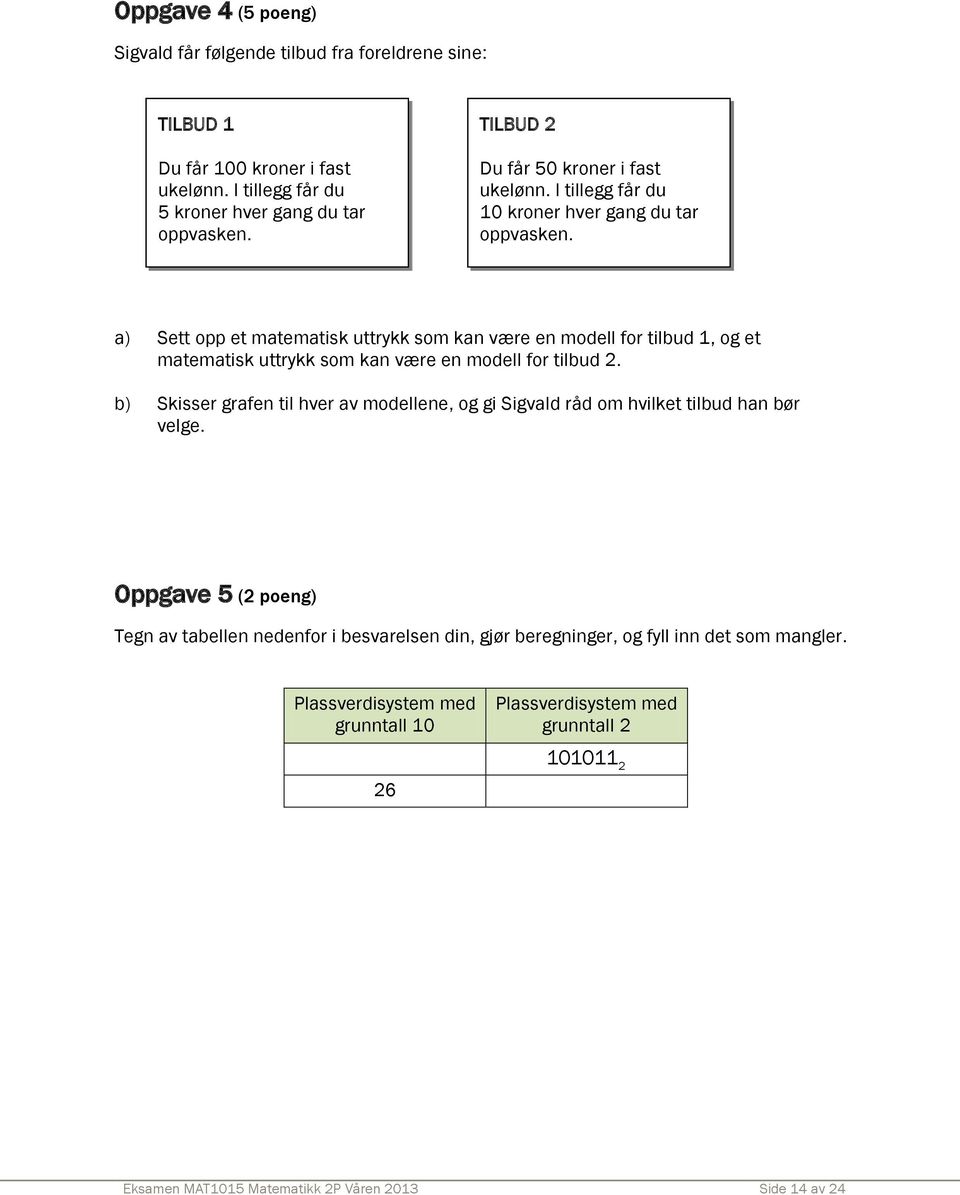 a) Sett opp et matematisk uttrykk som kan være en modell for tilbud 1, og et matematisk uttrykk som kan være en modell for tilbud 2.