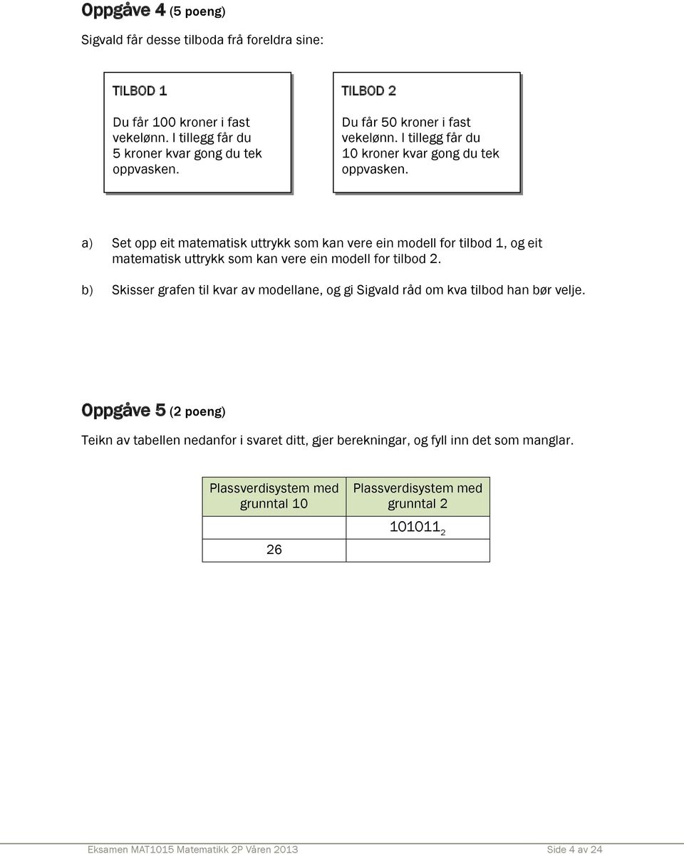 a) Set opp eit matematisk uttrykk som kan vere ein modell for tilbod 1, og eit matematisk uttrykk som kan vere ein modell for tilbod 2.