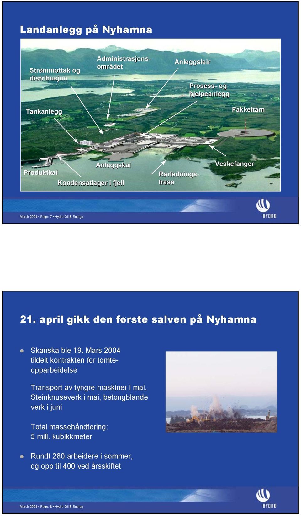 april gikk den første salven på Nyhamna Skanska ble 19. Mars 2004 tildelt kontrakten for tomteopparbeidelse Transport av tyngre maskiner i mai.