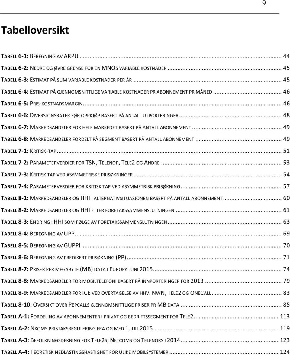 .. 46 TABELL 6-6: DIVERSJONSRATER FØR OPPKJØP BASERT PÅ ANTALL UTPORTERINGER... 48 TABELL 6-7: MARKEDSANDELER FOR HELE MARKEDET BASERT PÅ ANTALL ABONNEMENT.